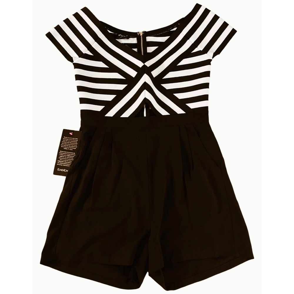 Bebe Off The Shoulder Stripe Romper